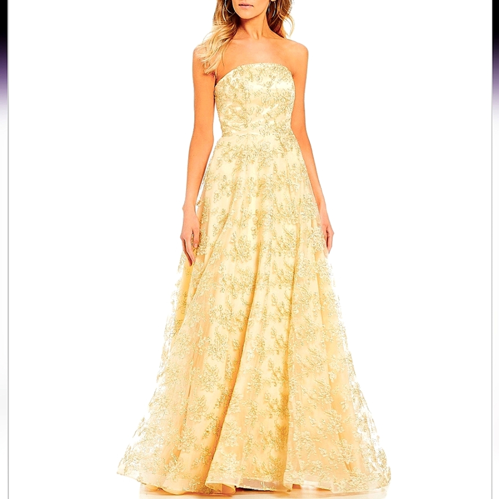 Bee Darlin Mardi Gras Gold Floral Lace Strapless Ball Gown
